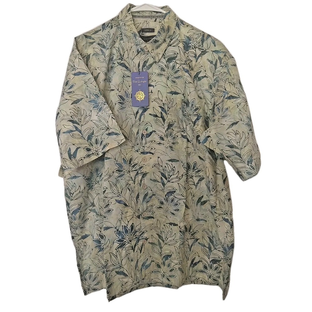 Pete Huntington Bali Handcrafted Men's Green Hawaiian Floral Short Sleeve Button